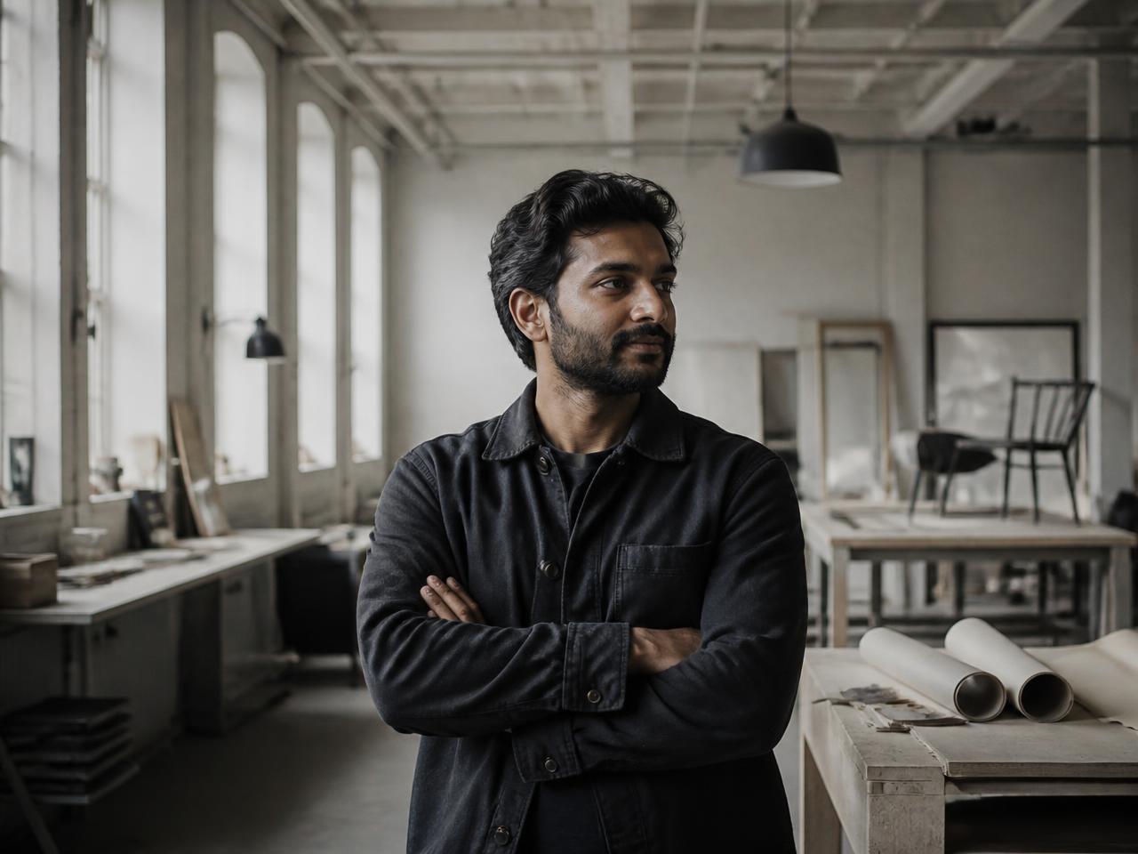 A founder in a workshop studio in Britain