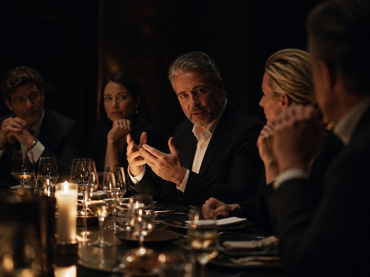A private leadership dinner in a candlelit London dining room