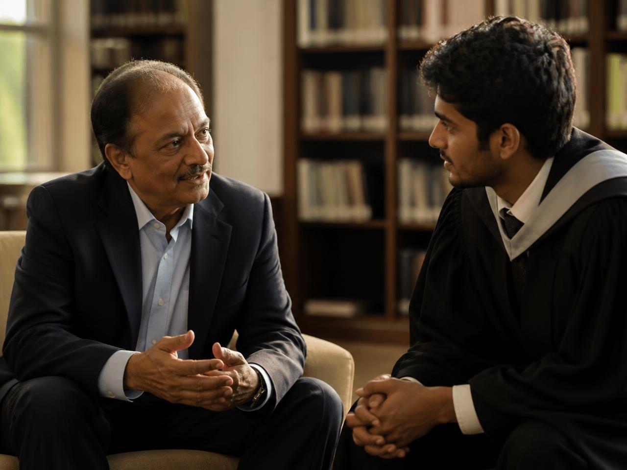An experienced professional in conversation with a recent graduate